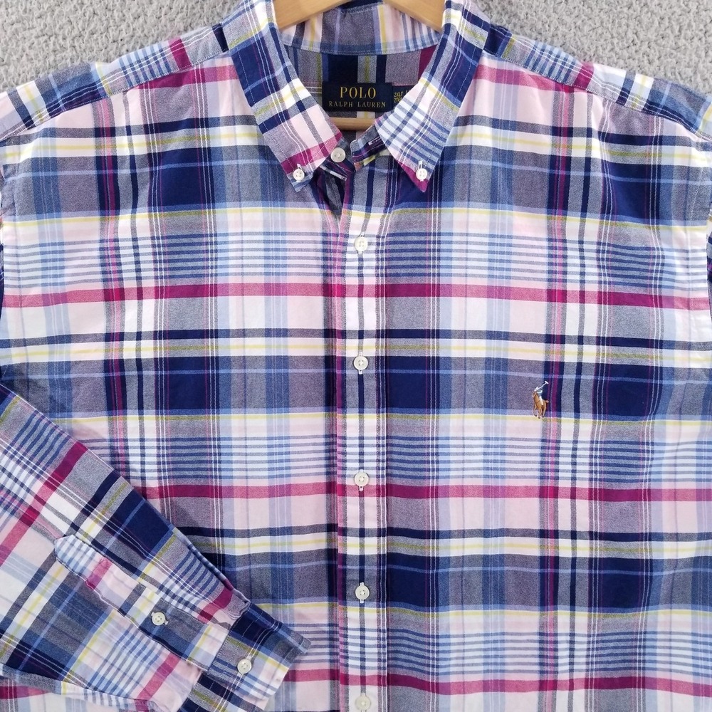 Polo Ralph Lauren Shirt Mens 2XLT Blue Plaid Button Down Oxford Dress Casual